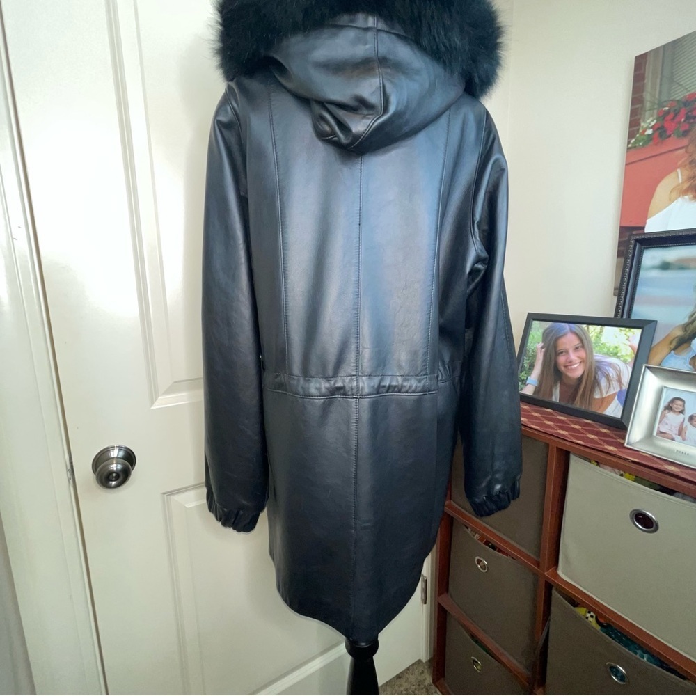 Worthington Lambskin Leather Coat Fur Lined Hood Drawstring Waist Size M - Picture 9 of 17